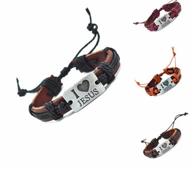 I Love Jesus Genuine Leather Charm Bracelet