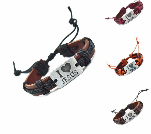 I Love Jesus Genuine Leather Charm Bracelet